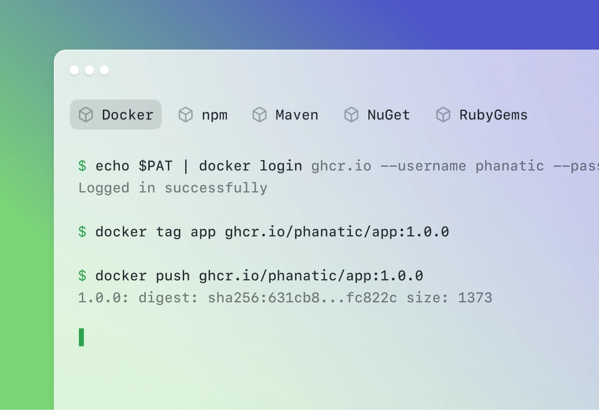 Screenshot of a terminal window showing Docker commands to log in to GitHub's container registry (ghcr.io), tag an application image, and push the image version (1.0.0) to the repository, with a successful login and digest confirmation. The background features a gradient from purple to green.